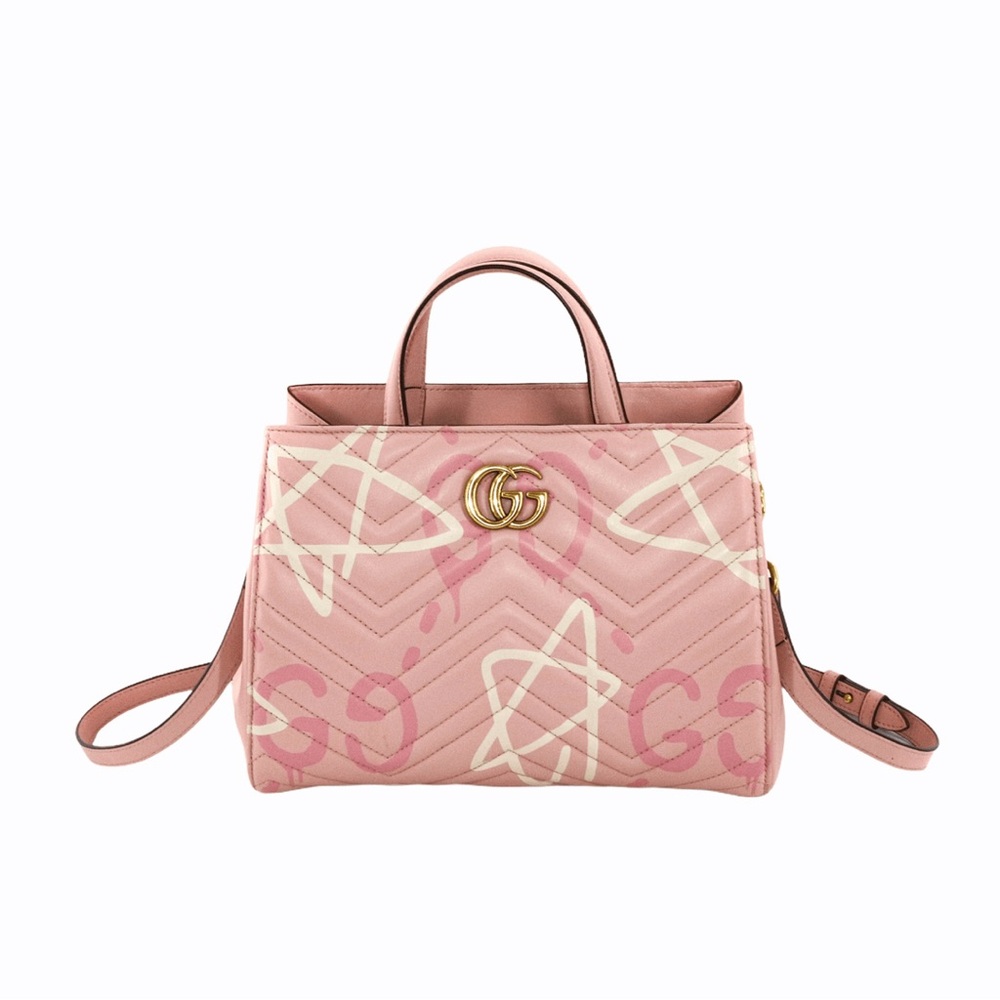 GUCCI Ghost Marmont GG Matelassé 2-way tote top handle bag pink graffiti chevron